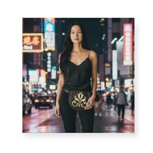 new Blush B-Lush ༄ Cavalier Pouchette Bag ༄ Chocolate Leather ༄ Gold Foil Detail